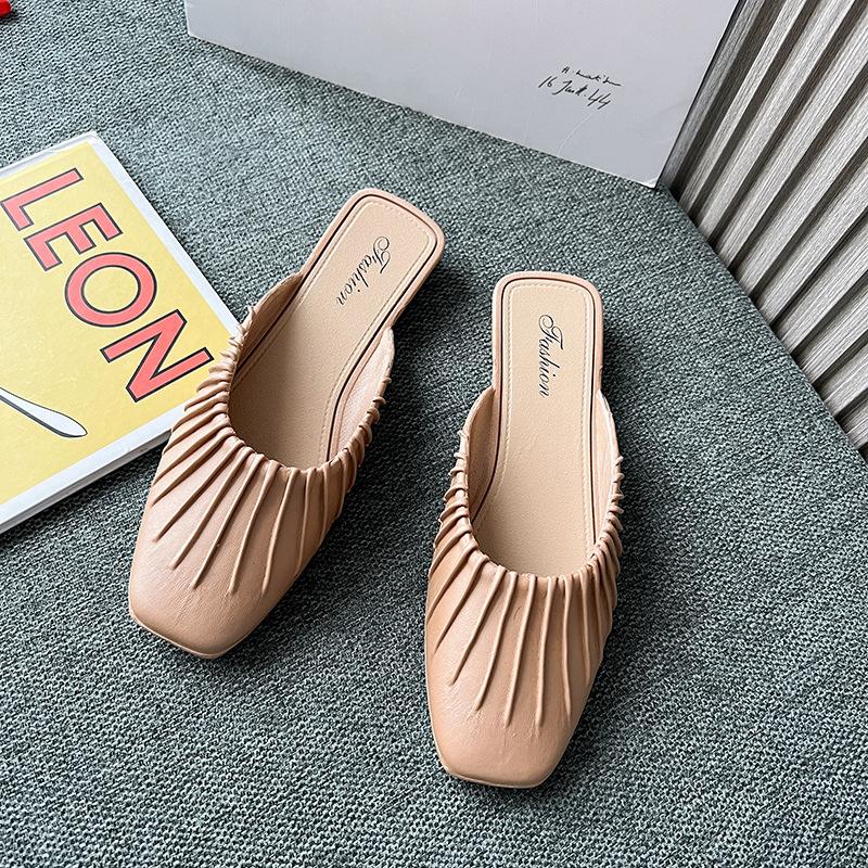 Folded Baotou Half-drag Women's Shoes Casual Versatile Low Heel - .CM Muller Shoes Square Head Four Seasons Shoes Women's Slippers