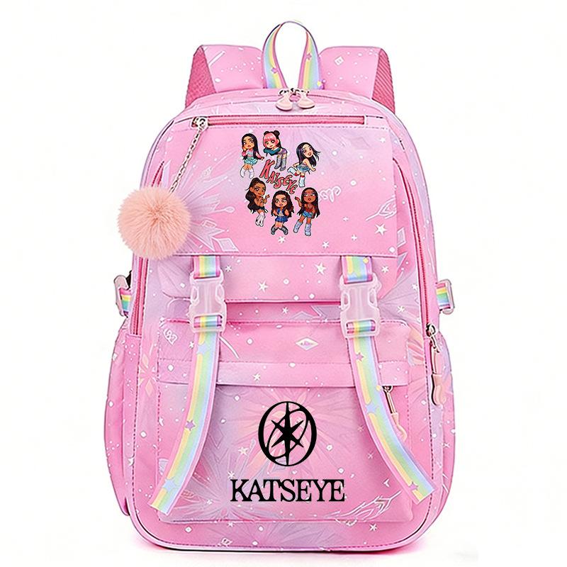 KATSEYE Cartoon Print Backpack Gradient Girls Student Bookbag Large Capacity Lightweight Pink 60331