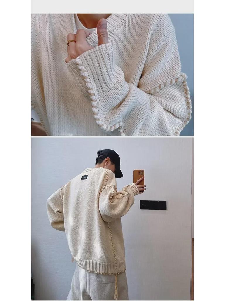 Boys' Trendy Retro Loose Coffee-Colored Knitted Sweater for Autumn and Winter