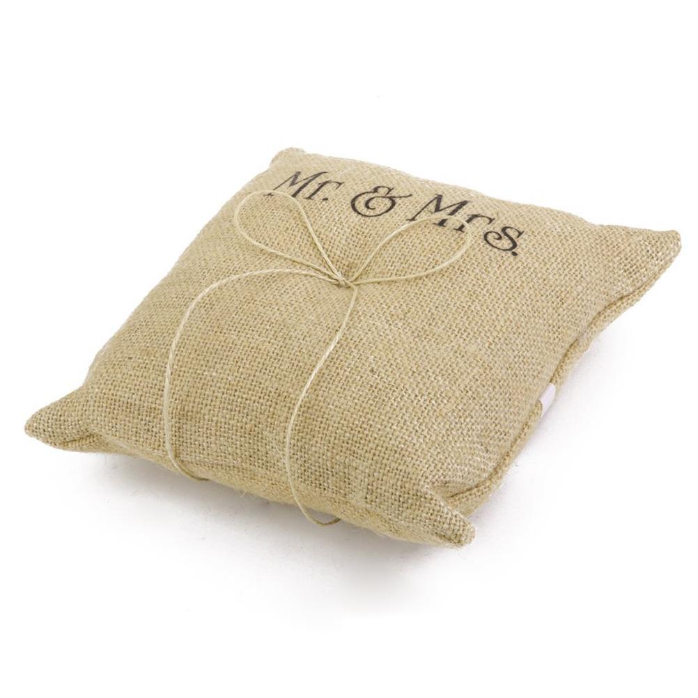 Подушка для колец в деревенском стиле Mr & Mrs Burlap из джутовой бечевки и шпагата Подушка для колец в форме сердца с двумя сердечками Подушка для держателя колец