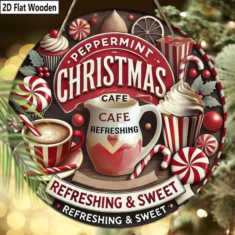 2D Flat 1pc Christmas Hot Drinks Wooden Sign Decoration, Round Embossed Effect Front Door Wall Decoration, Suitable for Home Office Decoration