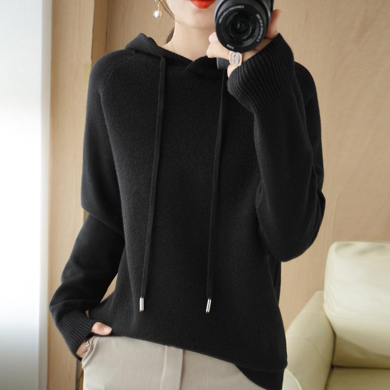 2025 Autumn/Winter Women's Hooded Knit Sweater - Long Sleeve, Solid Color, Loose Fit, Versatile Commuting Style