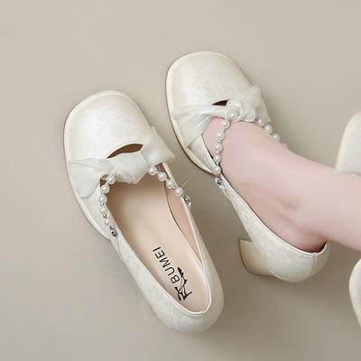 Модные туфли-лодочки на высоком каблуке с бантом из бусин и кружевом для женщин, дизайнерские модные неглубокие сандалии 2025 Новые осенние туфли для вечеринок Zapatillas De Mujer