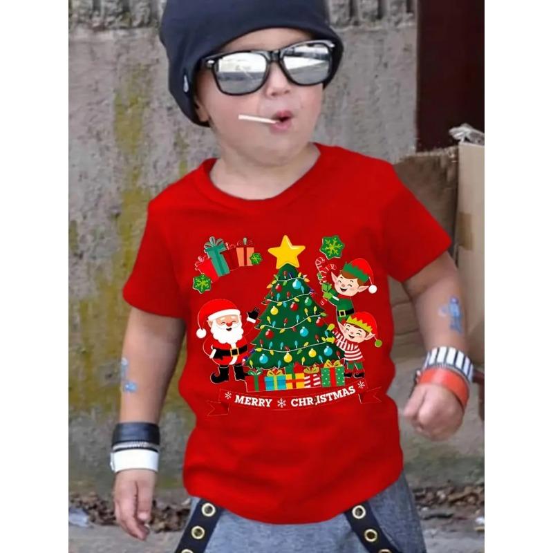 Рождественская детская одежда Модный узор 3D-принт Повседневные футболки с коротким рукавом и круглым вырезом Комфортные футболки для детей
