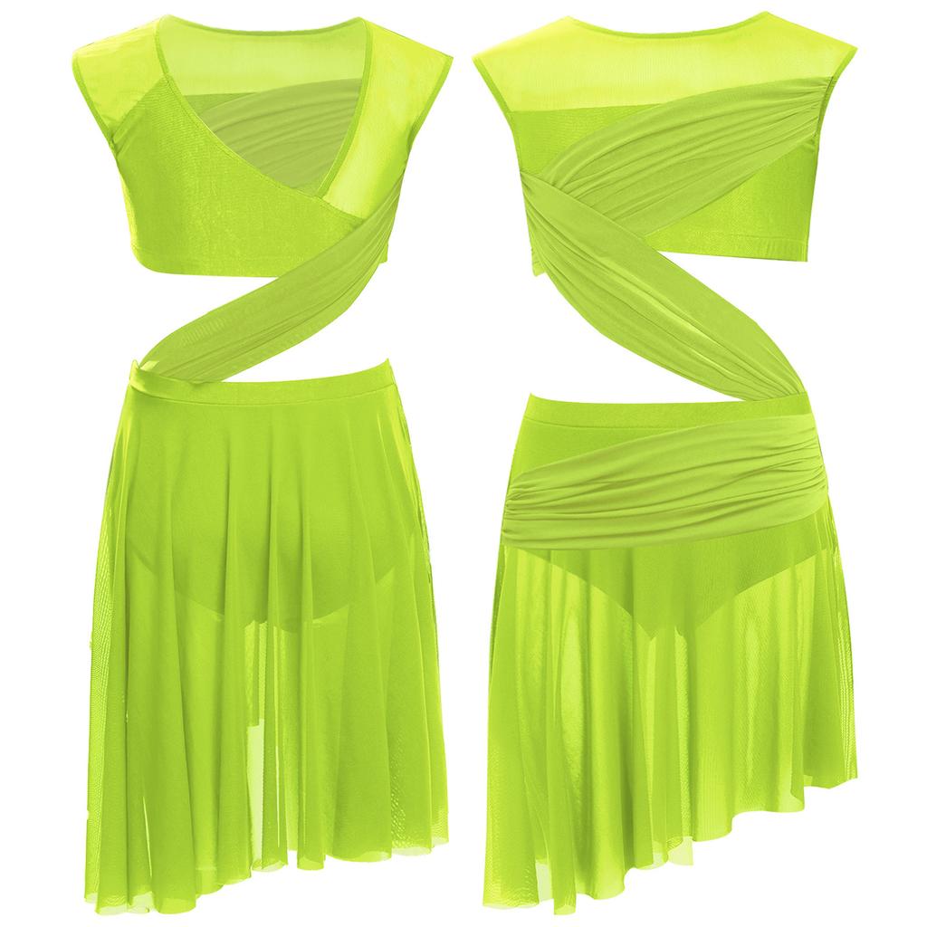 Платье для лирического танца для девочек, цельное, без рукавов, с прозрачной сетчатой вставкой, лоскутное, с асимметричным подолом, костюм для выступления