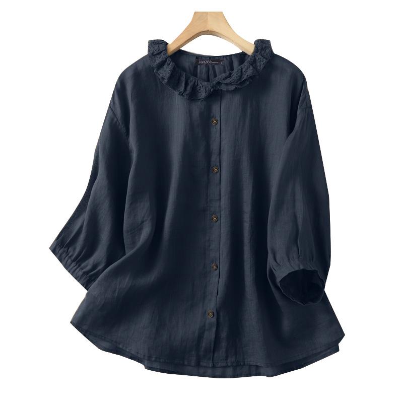 ZANZEA Womens Lace Splice Round Neck 3/4 Sleeve Loose Blouse