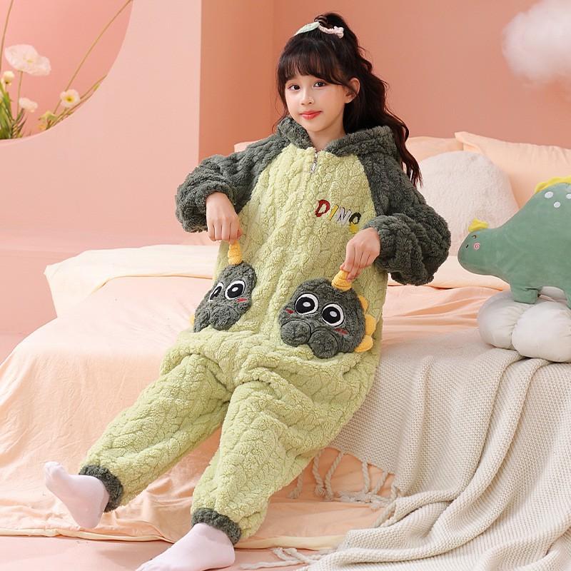 Girls Warm Fleece Sleepsuit One Piece Pajamas Toddlers Kids Winter Sleepwear Cartoon Print Anti-Kick Blanket