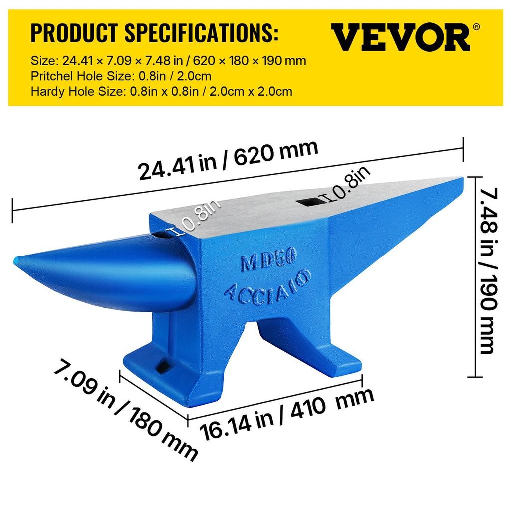 Single Horn Anvil 50Kg/110Lbs Cast Steel Anvil Blacksmith for Sale Forge Steel Tools W/ Round And Square Hole and Equipment Anvil Rugged Blacksmith