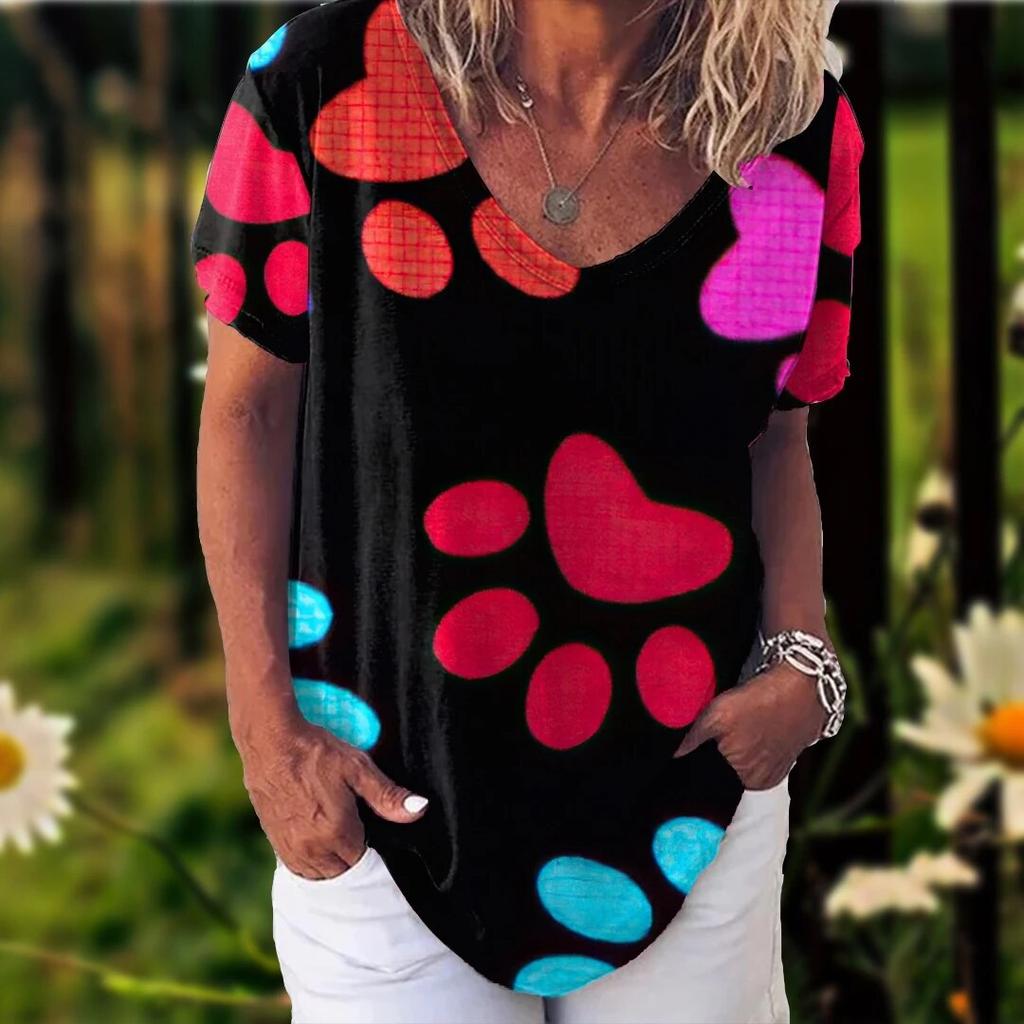 Женская футболка с принтом кошки для девочек, модная летняя футболка с коротким рукавом и v-образным вырезом, повседневный свободный топ, женская уличная рубашка большого размера