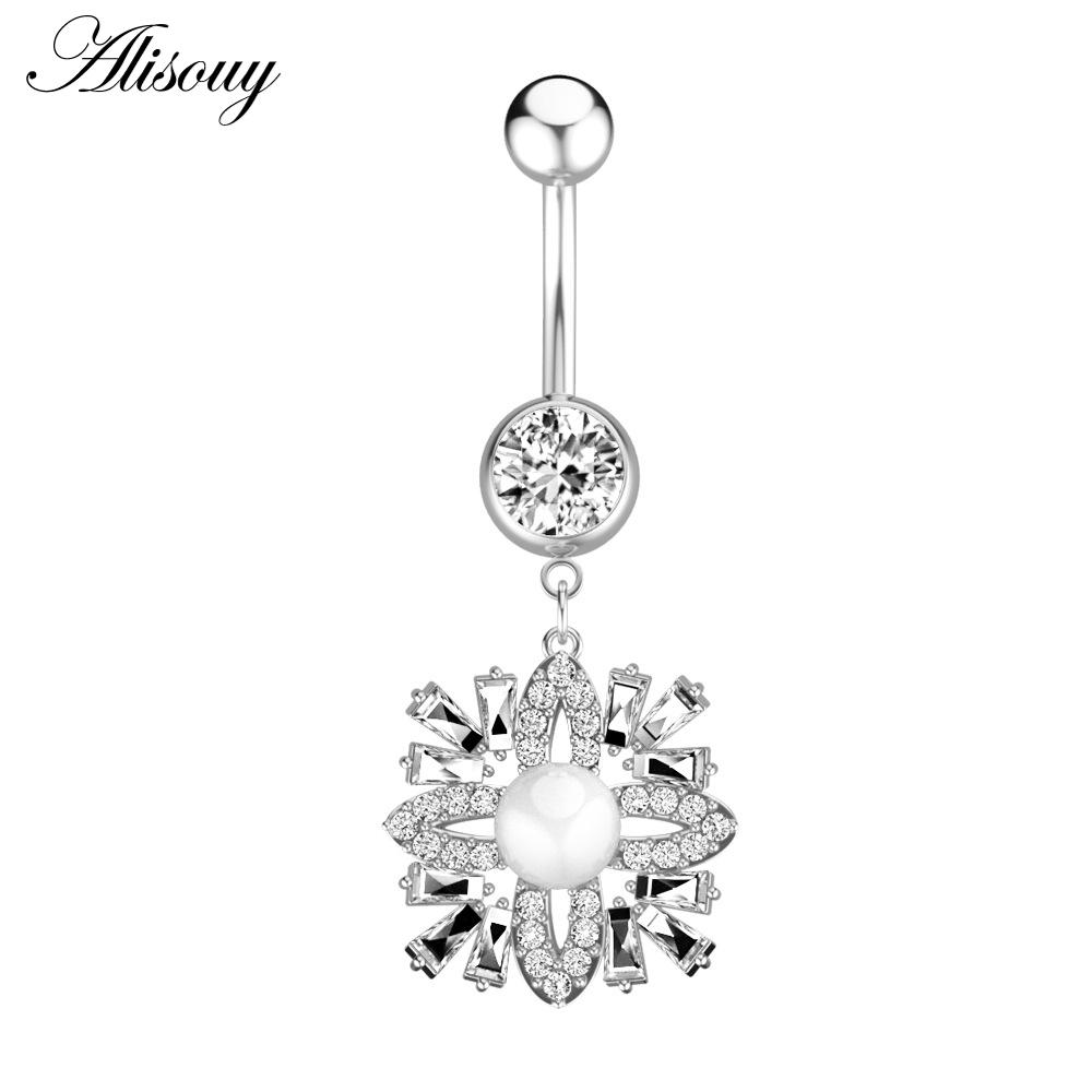 Alisouy 1pc Surgical Steel Crystal Zircon Flower Heart Leaf Bow-knot Dangle Button Navel Piercing Ring Belly Ring Body Jewelry