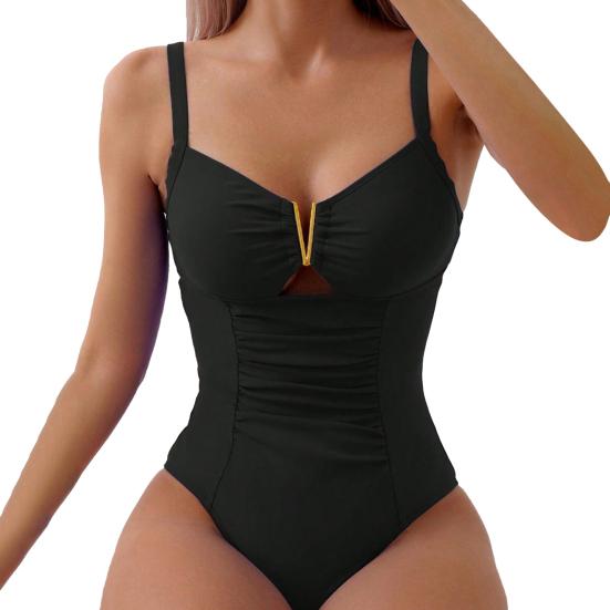 Women One-Piece Swimsuit Deep V-Neck Pleated Solid Color Monokini Quick-Drying Swimwear Beachwear
