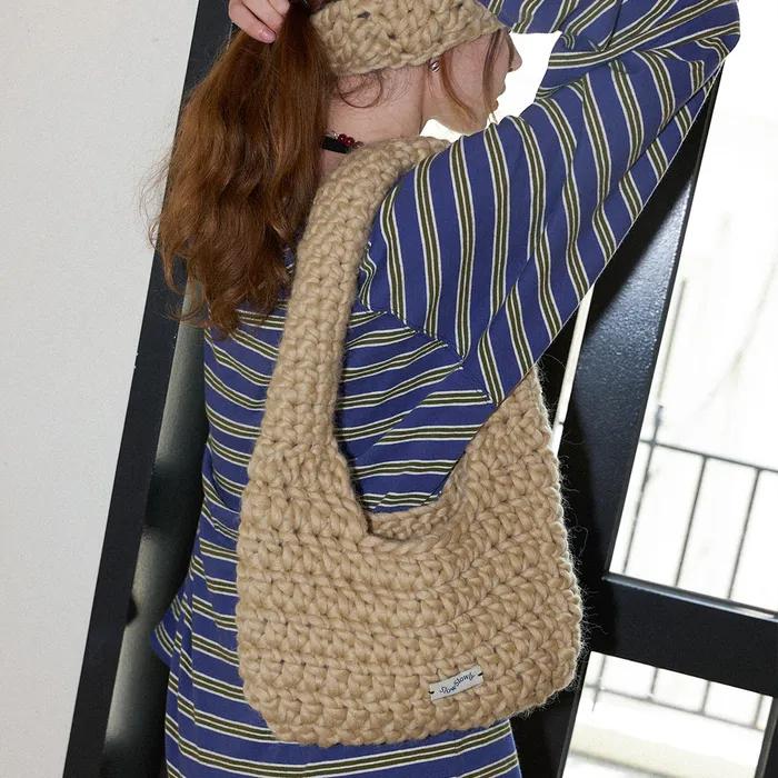 Wool 100% Handmade Crochet Shoulder Bag _ Beige