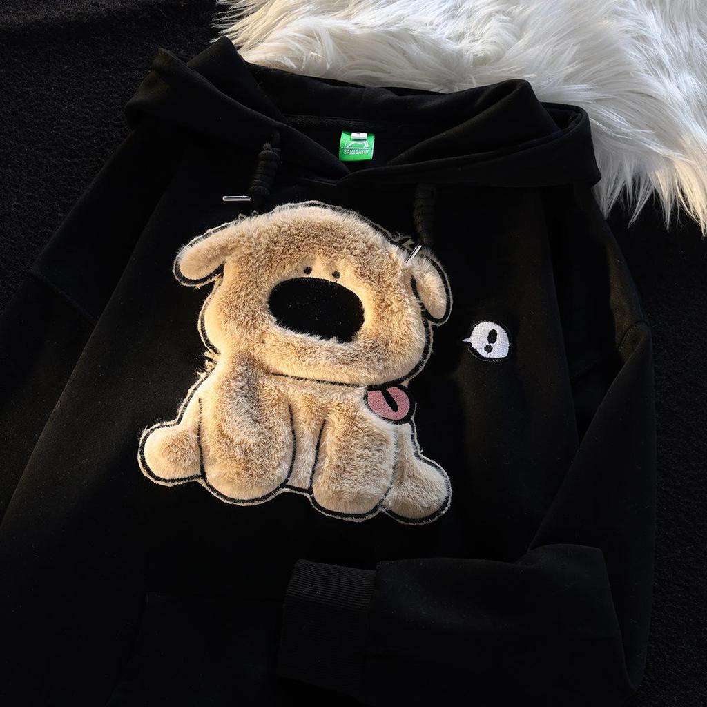 Женская осенняя повседневная толстовка с капюшоном с вышитым изображением пушистого щенка - свободный крой, длинный рукав, стиль для пары