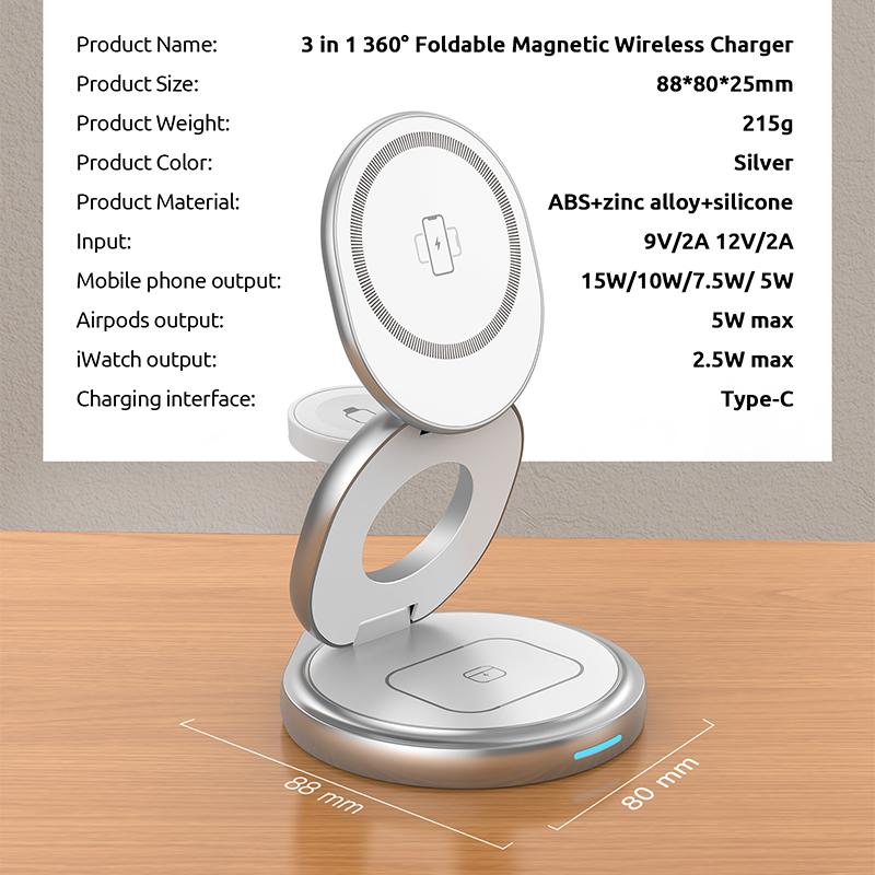 For Apple Watch/Airpods/Iphone Foldable 3-in-1 Magnetic Wireless Charging Stand with Rotatable Base
