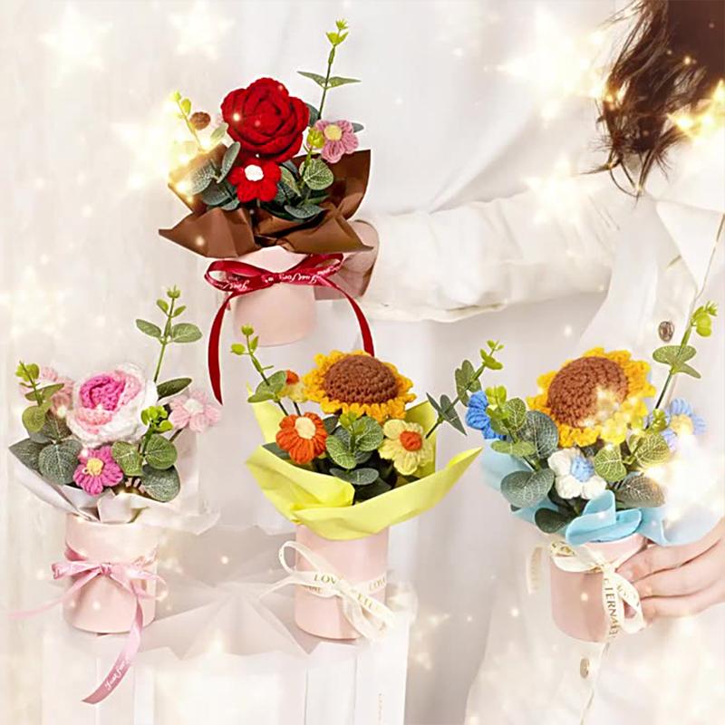 1 шт. Роза Элегантный подарок ручной работы Искусственный цветок Вечный Вязаный День святого Валентина Пышный Романтический букет Сделай сам 20x14 см