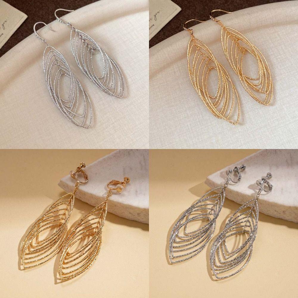 Exquisite Oval Hollow Long Tassel Dangle Earrings Gold Silver Exaggerated Ear Hook Light Luxury Ear Drop Ear Clip Women