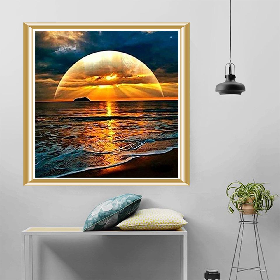5D DIY Diamond Painting Landscape Coastal Sunset Rhinestone Picture Full Round Diamond Embroidery Mosaic Decoration Gift