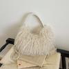 Woven Handle Shoulder Bag Metal Chain Handbag Casual Curly Faux Fur Crossbody Bag  Winter