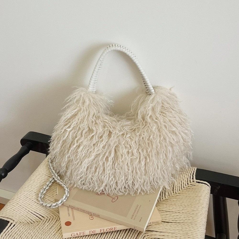 Woven Handle Shoulder Bag Metal Chain Handbag Casual Curly Faux Fur Crossbody Bag  Winter