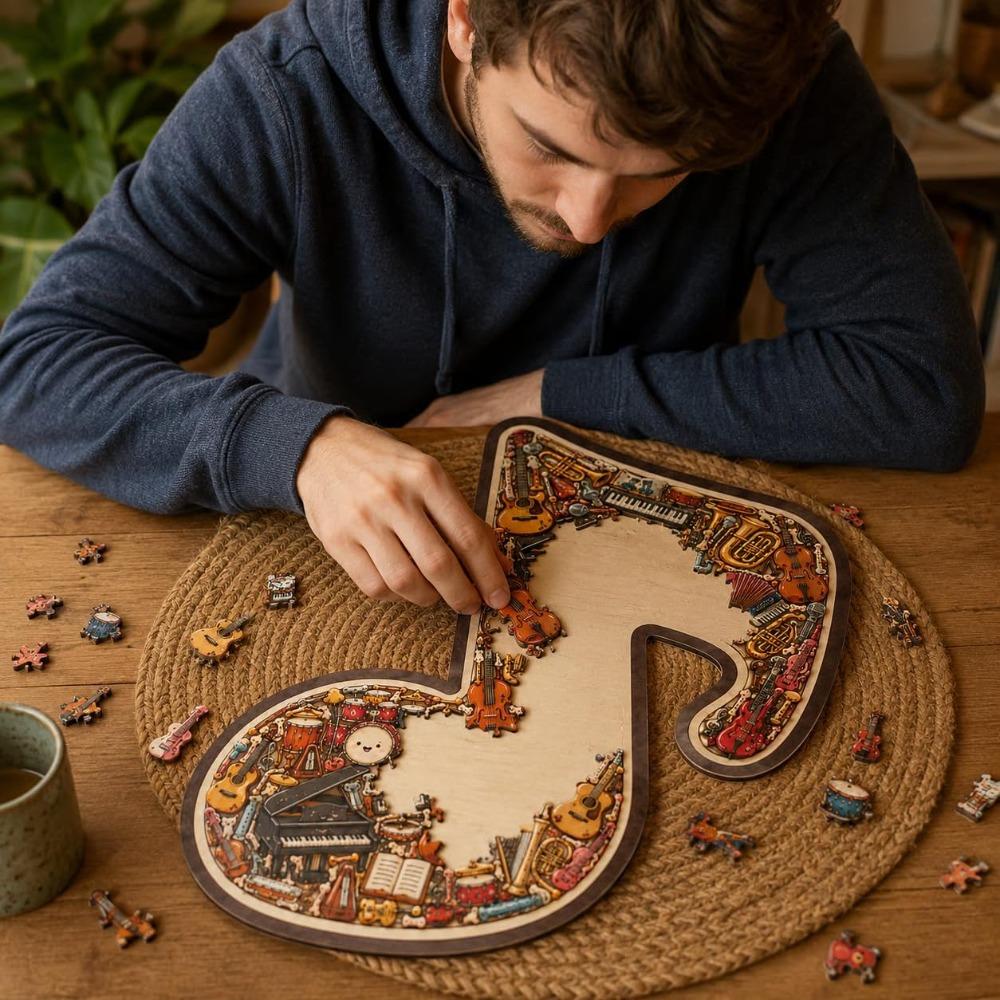 Music symbol instrument puzzle decoration, wooden instrument-shaped puzzle, unique music-themed decor (A1, 10 inches, 3 pieces)