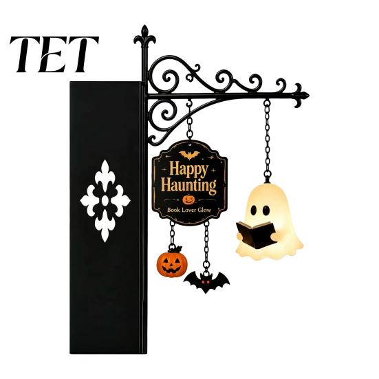 Gothic Room Accessories Ghost LED Bookshelf Lamp with Pumpkin Bat Hanging Charms, Halloween Easy Installation Shelf Bookend Night Light, Reading Nook