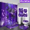 Purple Butterfly Shower Curtain Set Non-Slip Rugs Bath Mat Toilet Lid Cover and 12 Hooks Waterproof Polyester Bathroom Decor