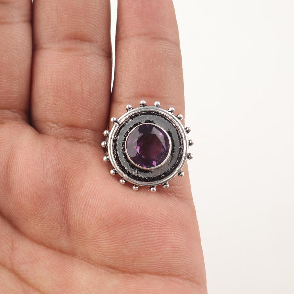 Кольцо с аметистом, Кольцо из стерлингового серебра 925 пробы, Ювелирное изделие ручной работы, Серебряное кольцо с аметистом Привлекательное кольцо из серебра с драгоценным камнем для свадебного подарка