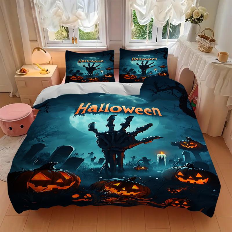 3Pcs Spooky Halloween Night Bedding Set Soft Fabric Duvet Cover Pillowcases Home Christmas Xmas Halloween Gift 1 Duvet Cover 2 Pillowcase G125