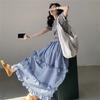 Korean Chic Vintage Elastic Waist Patchwork Ruffle Plaid Tiered Maxi Skirt for Women - Blue Checkered Cake Half Skirt