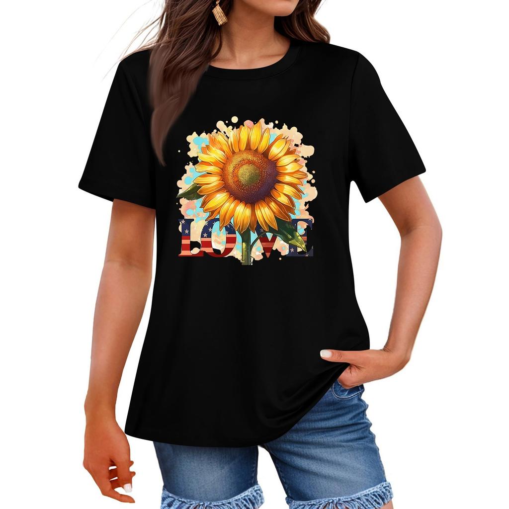 Women's Fashion Independence Day Printed Round Neck Short Sleeved Casual T-shirt Top