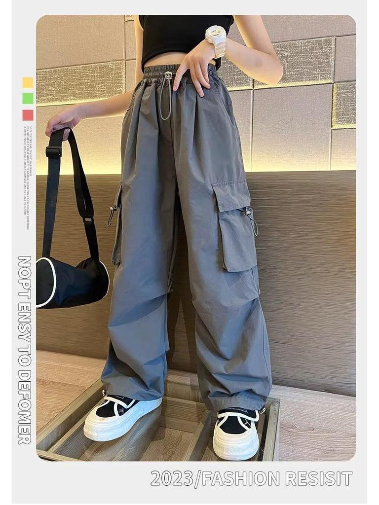 Girls' Autumn/Winter Velvet Cargo Sweatpants with Big Pockets - Trendy and Warm Style