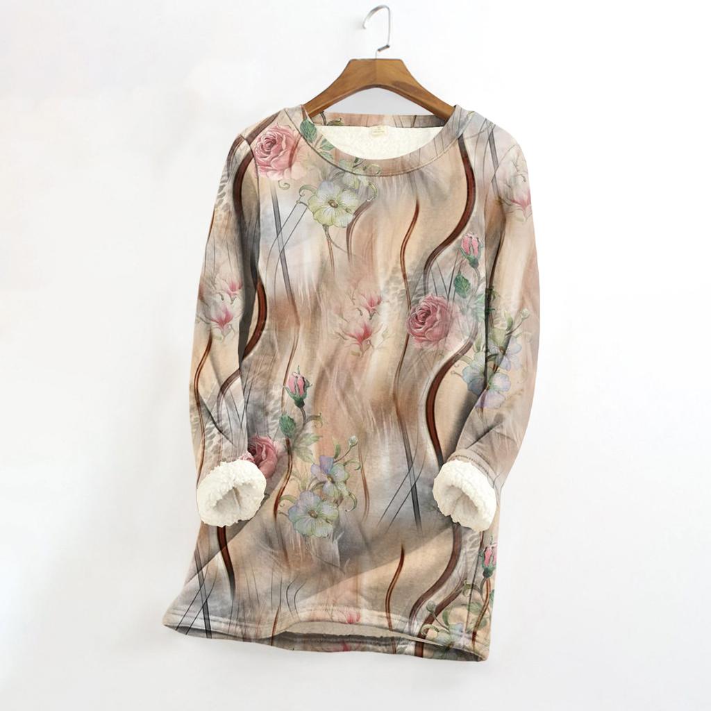 Женский топ с круглым вырезом и принтом из утолщенного плюша и кашемира, теплый длинный топ