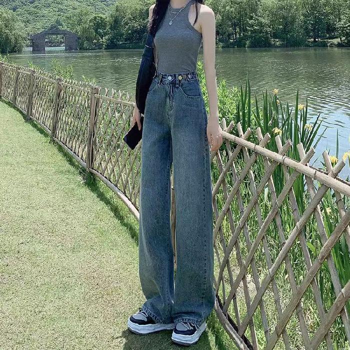 Весенние и осенние женские джинсы с регулируемой талией и высокой талией, прямые брюки в стиле ретро, ​​широкие длинные брюки со шваброй