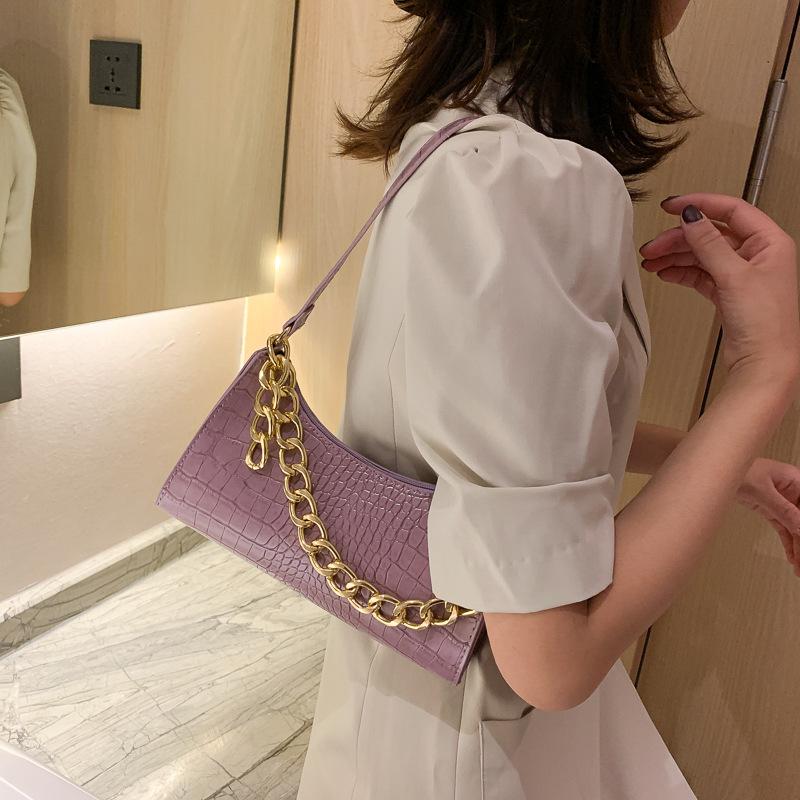Retro Baguette Bag Shoulder Chain Women's Bag 2025 New French Personality Crocodile Pattern Purple Underarm Bag Tide