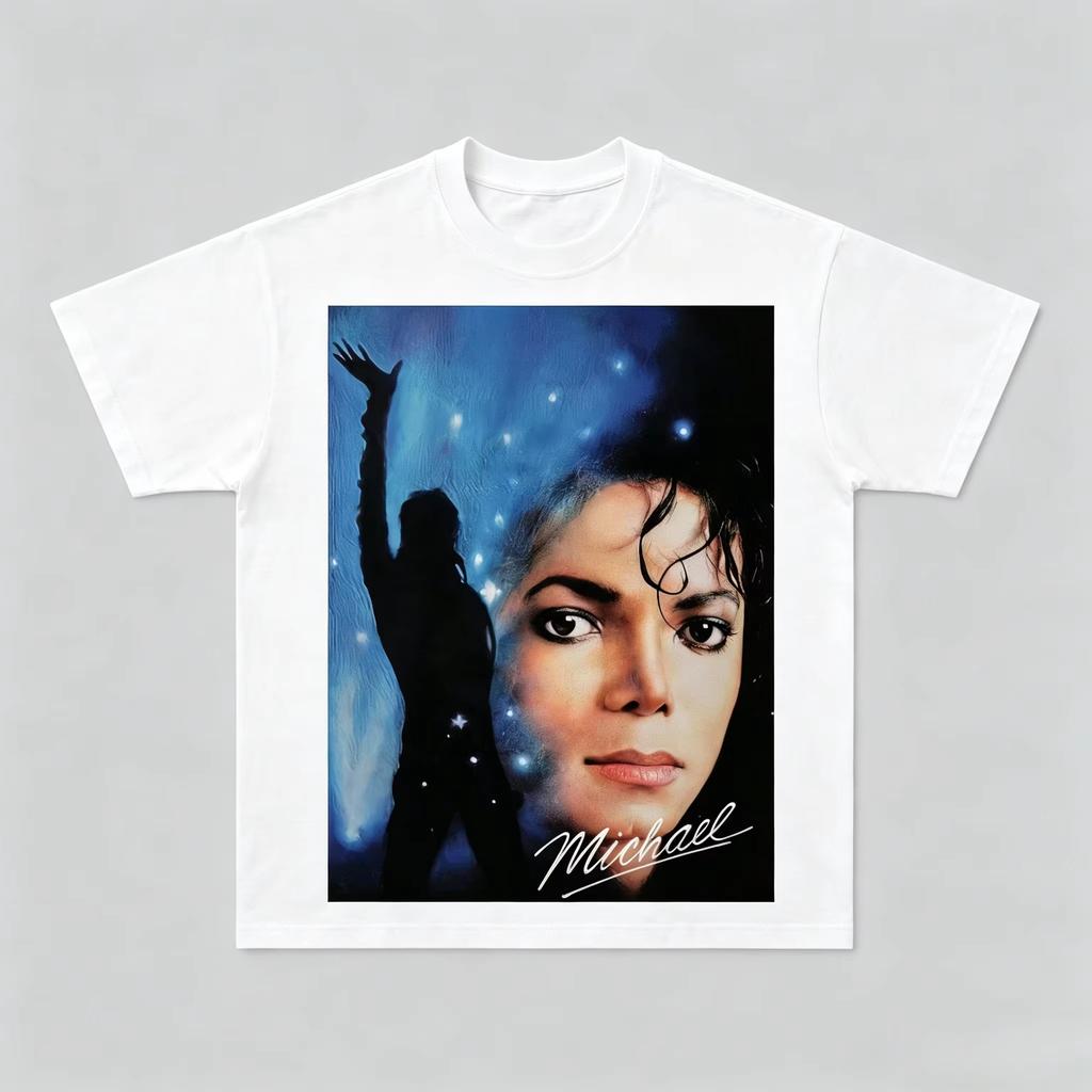 MJ Король Поп-музыки Синее Звездное Небо Портретный Принт Футболка, Унисекс Винтажная Фанская Одежда Повседневная Уличная Одежда Женская и Мужская Футболка
