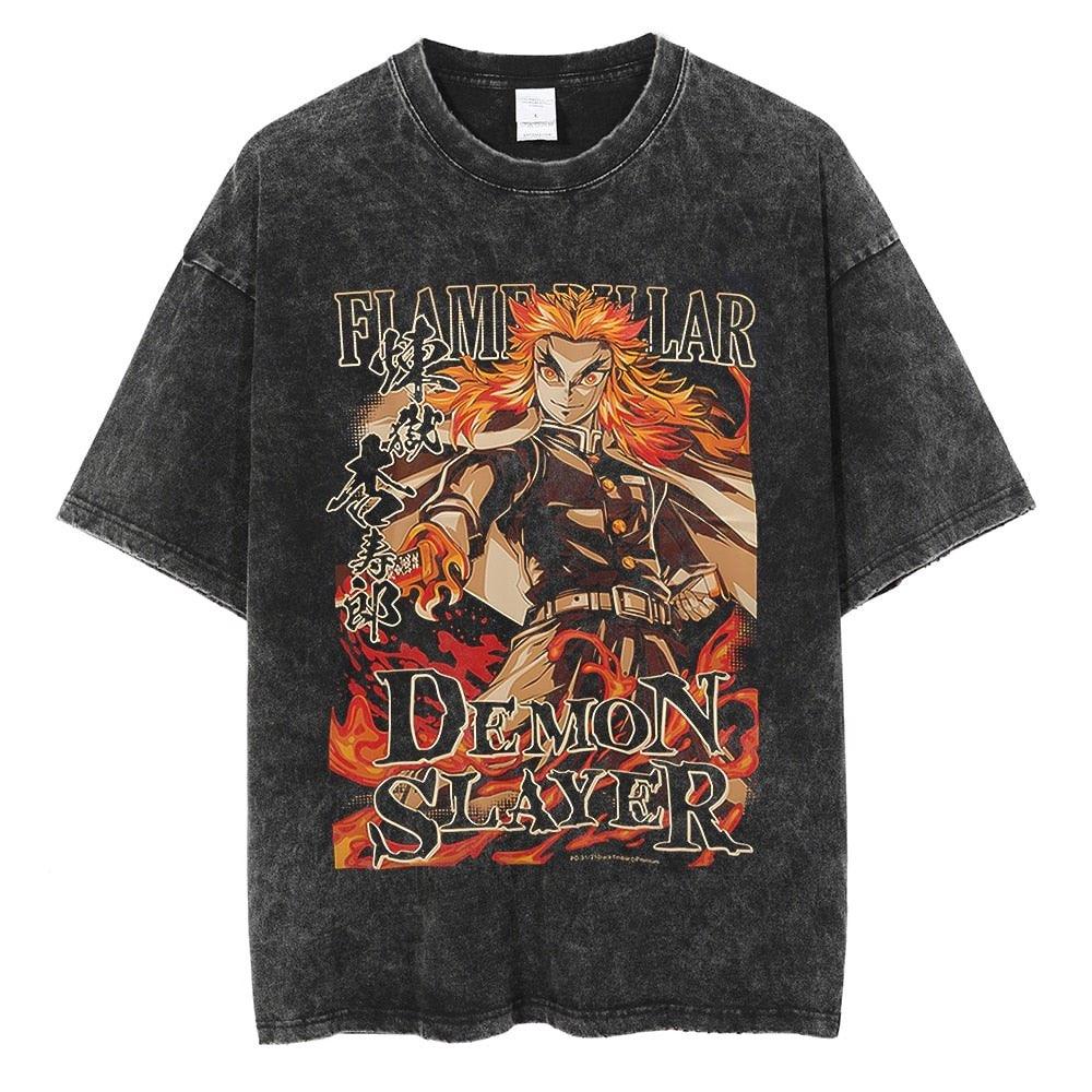Hot Anime Demon Slayer Kokushibo Graphic Print Washed T Shirt Men Vintage Cotton Tshirts Manga Casual Tee Harajuku Male T-shirt
