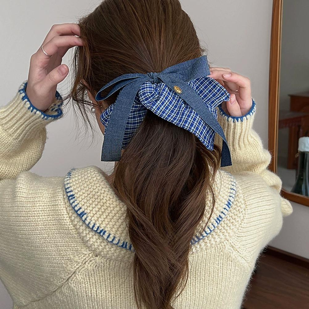 Korean Bow Denim Blue Plaid Square Scarf Large Intestine Headband Hair Square Female Band Hair H0K6