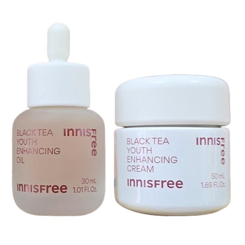 Innisfree Black Tea Youth Enhancing Cream 50ml + Oil 30ml Korean Skincare, Black Tea Extract, Moisturizing Face Cream & Facial Oil