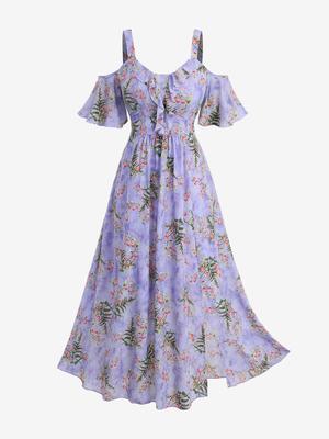 Rosegal Платье размера плюс с принтом роз, листьев и оборками, открытыми плечами