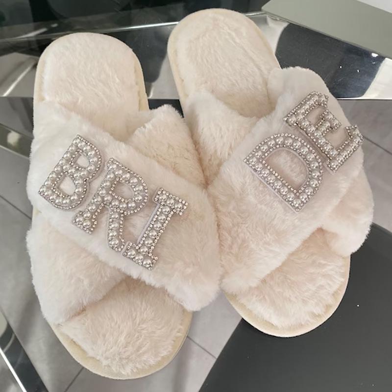 Bridal Pearl Letter Cross-Toe Plush Slippers - Wedding & Bachelorette Gift
