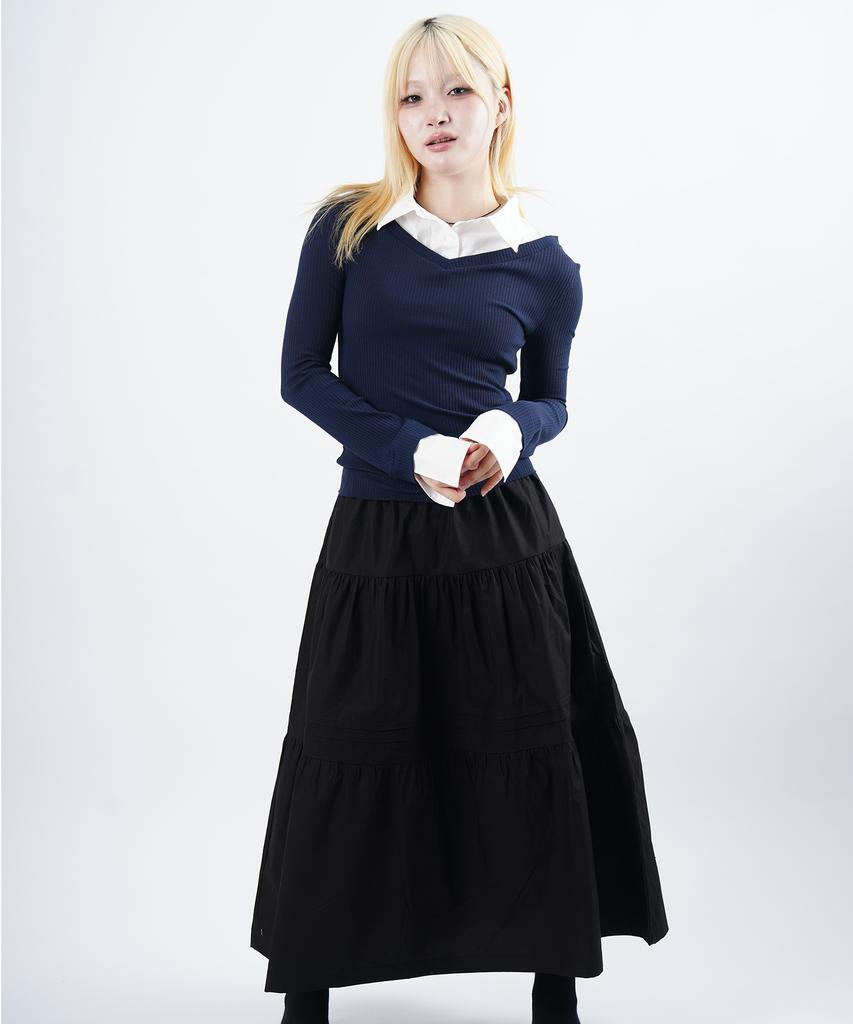 Starry Eyed Cotton Pintuck Long Tiered Skirt (Black)