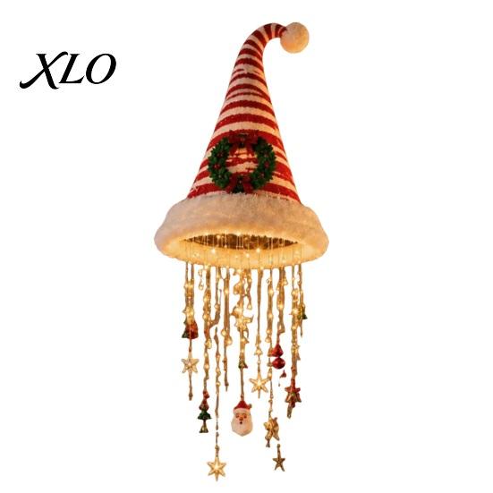 Indoor Covered Patio Holiday Decor Lighted Santa Hat Hanging Chandelier, Warm LED Christmas String, Sequined Cone Pendant with String Lights for Home