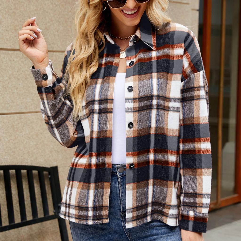 Модные женские повседневные топы в клетку с длинным рукавом и воротником-стойкой, пальто