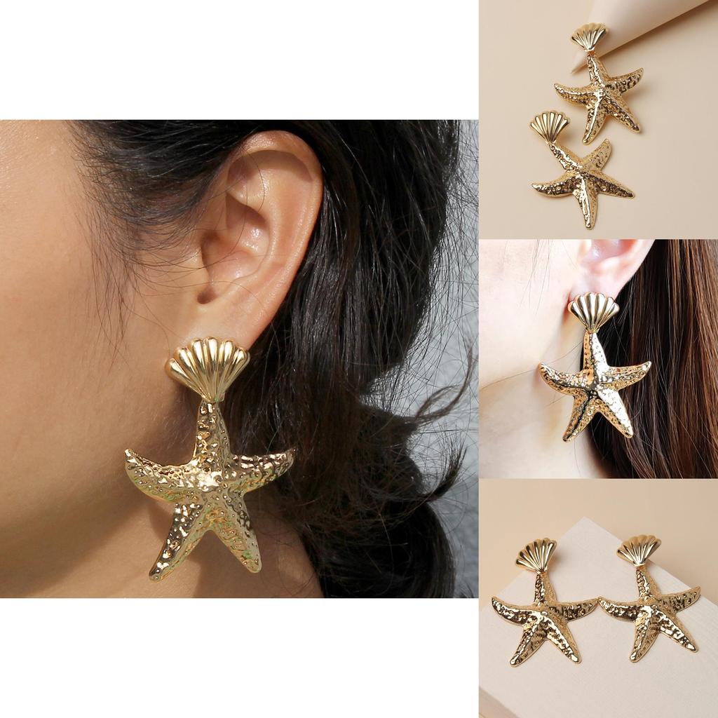Fashionable Shell Gold Starfish Design Women Metal Earrings For Summer Beach