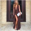 Sexy Halter Brown Long Dress Women Slim Backless Pleat Knot High Slit Draped Dresses Female 2025 Summer Lady Beach Party Dress
