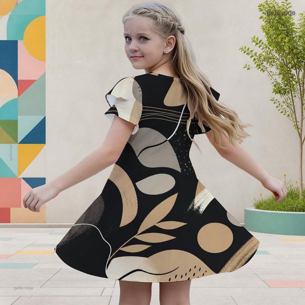 Girls Round Neck Flutter Sleeve A Line Flared Geometric Printed Dress