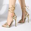 Sexy Ankle Strap Gold Sandals Women Party Nightclub Stripper Heels Stiletto Sandals Crystal Diamond Pointed Toe Wedding Shoes