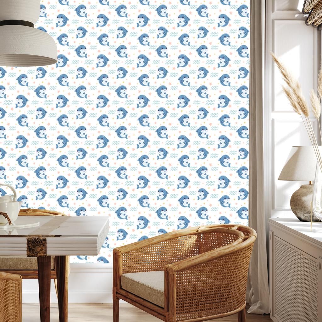 Dolphins Wallpaper White and Azure for Living Room and Bedroom 50x1000