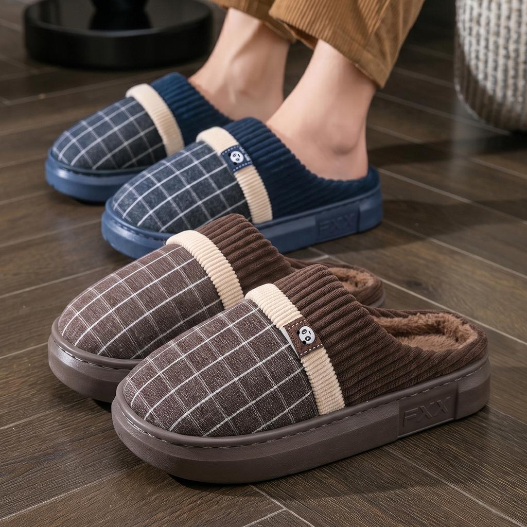 Home wool slippers men's household autumn and winter indoor warm thick-soled cotton slippers men's new enlarged cotton shoes