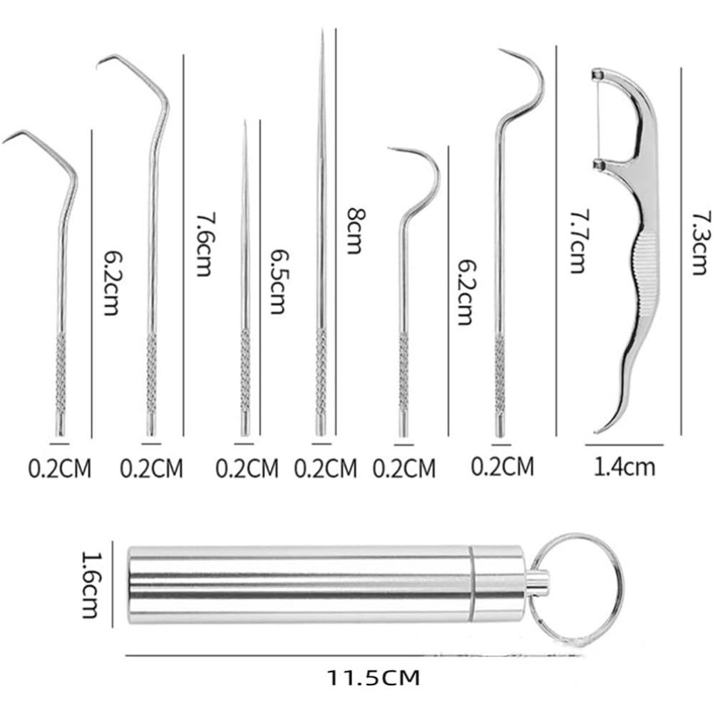 7 шт. многоразовых металлических зубочисток для зубов, портативный карманный набор зубочисток из нержавеющей стали с держателем-диспенсером, набор для чистки зубов